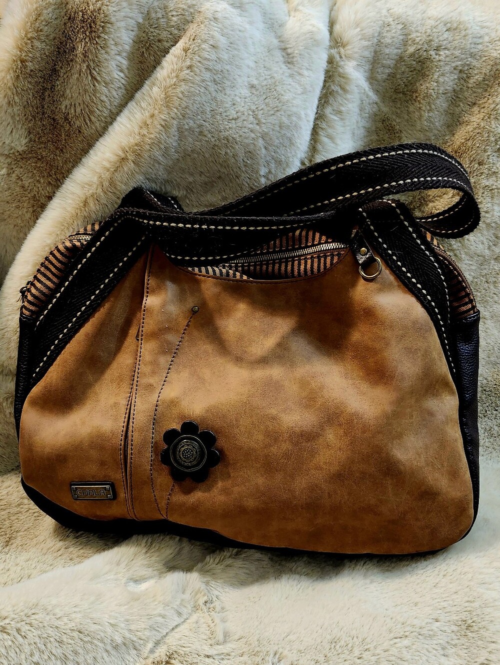 CHALA FAUX LEATHER SUNFLOWER 'BOWLING BAG' SHOULDER HANDBAG